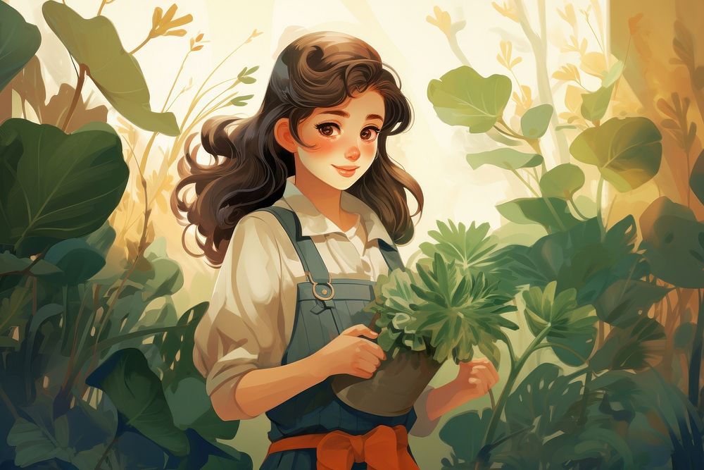 Girl gardener holding plant cartoon anime adult. AI generated Image by rawpixel.