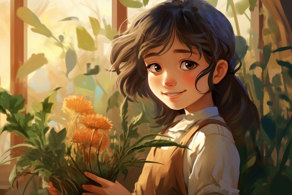 Girl gardener holding plant adult anime freshness. AI generated Image by rawpixel.