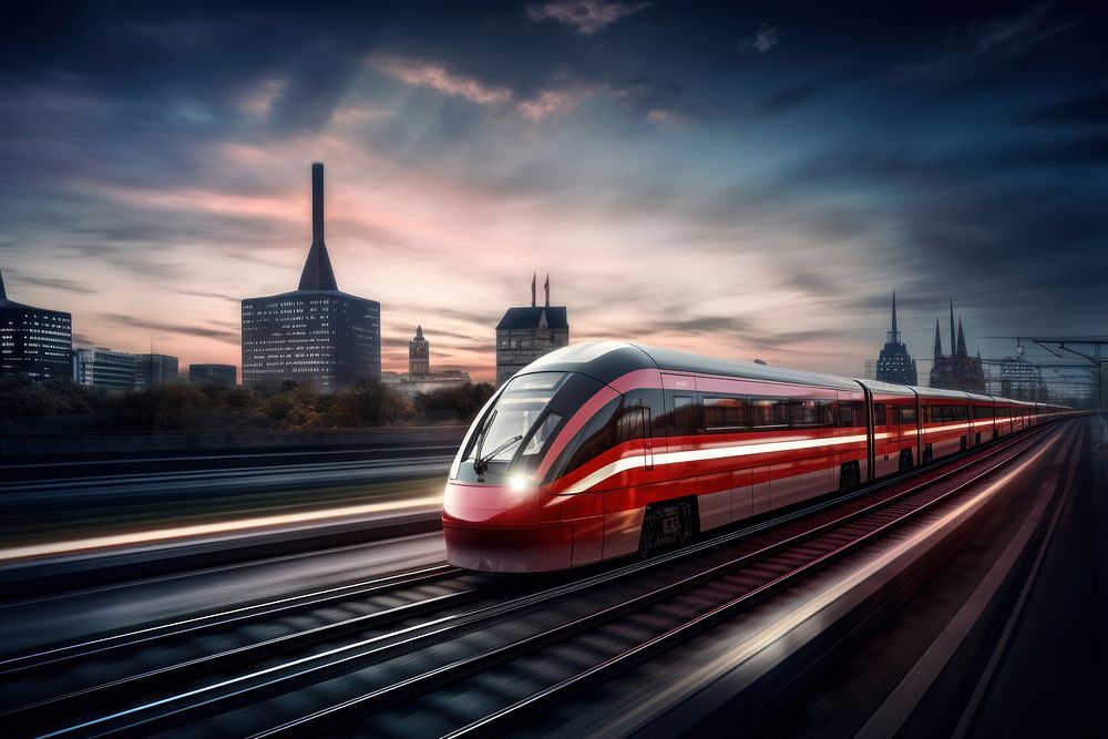 An electric train passing through a city railway vehicle red. AI generated Image by rawpixel.