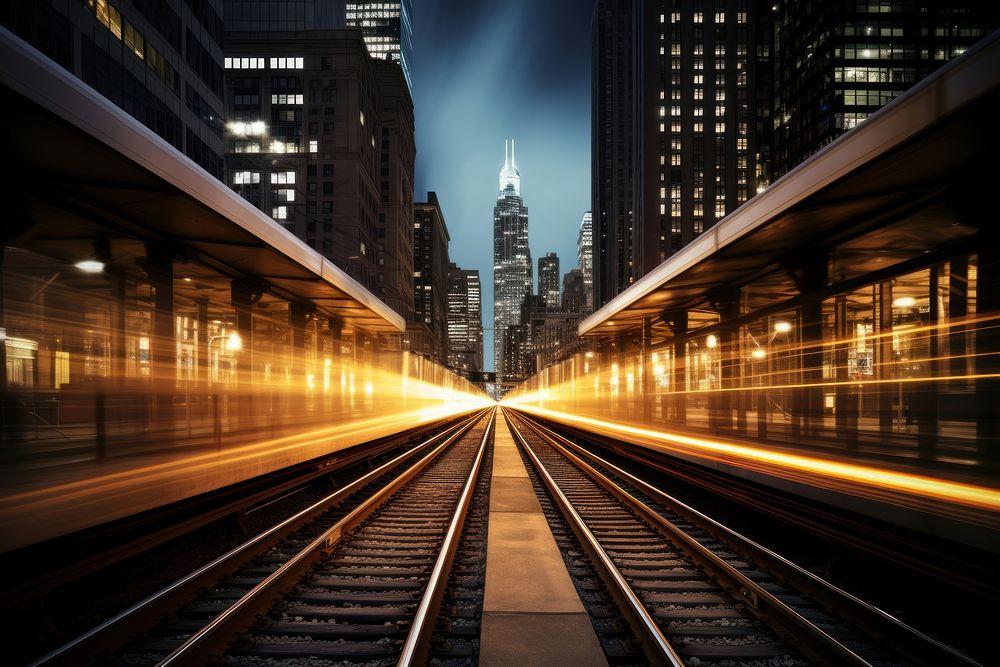 An electric train passing through a city metropolis railway vehicle. AI generated Image by rawpixel.
