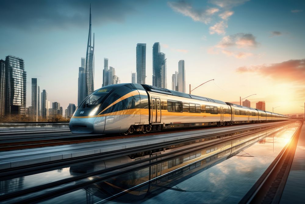 An electric train passing through a city railway vehicle transportation. AI generated Image by rawpixel.