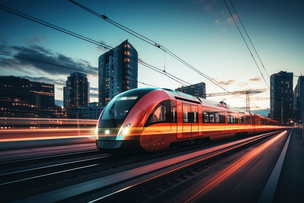 An electric train passing through a city architecture cityscape railway. AI generated Image by rawpixel.