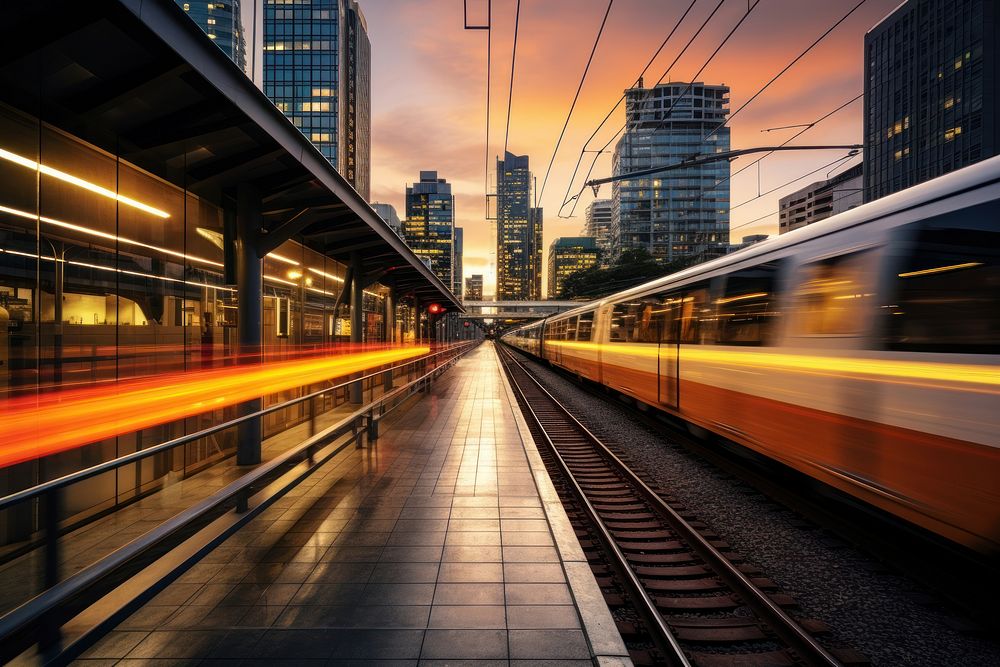 An electric train passing through a city architecture metropolis cityscape. AI generated Image by rawpixel.