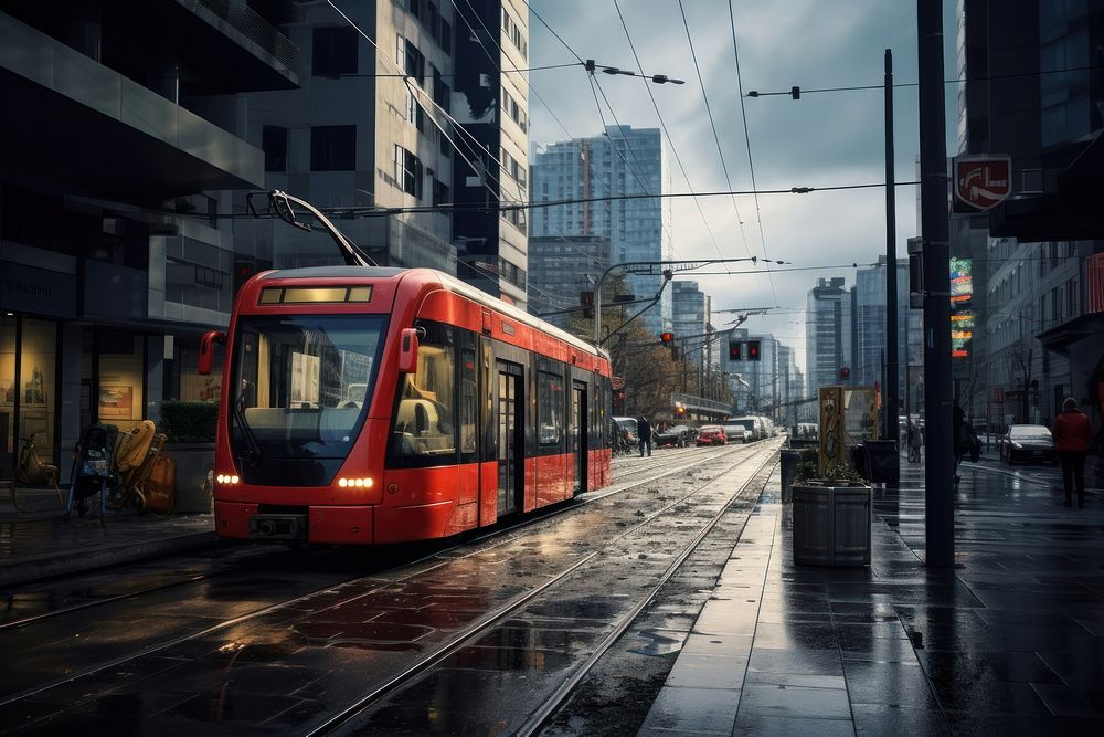 An electric train passing through a city architecture cityscape building. AI generated Image by rawpixel.