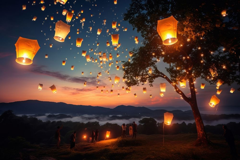 Asia Flying lanterns outdoors lighting nature. AI generated Image by rawpixel.