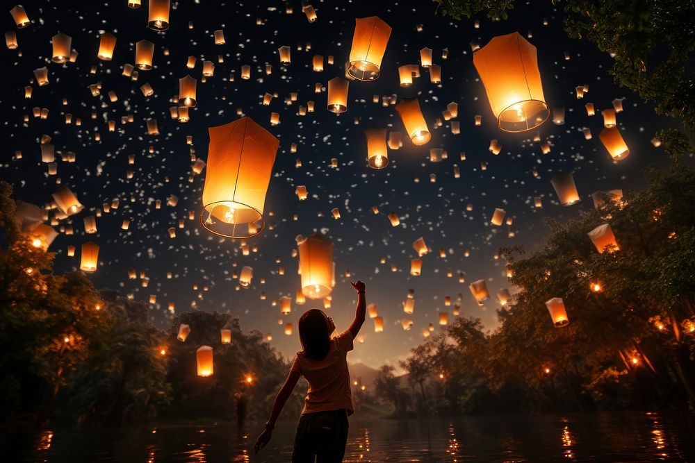 Asia Flying lanterns lighting flying spirituality. AI generated Image by rawpixel.