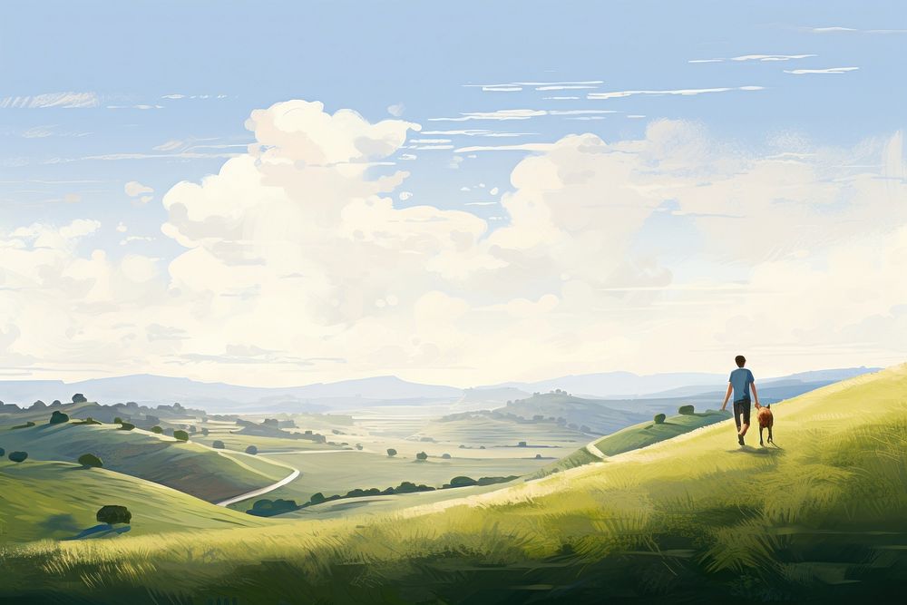 Boy walking his dog on hills landscape grassland adventure. AI generated Image by rawpixel.