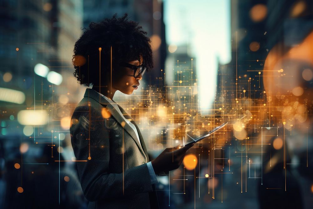 Black business woman holding tablet on modern cities architecture illuminated accessories. AI generated Image by rawpixel.