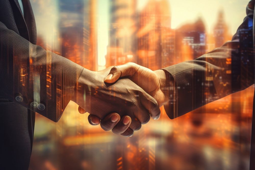 Black business man shaking hand handshake architecture agreement. AI generated Image by rawpixel.