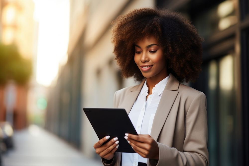Black business woman holding tablet computer adult architecture. AI generated Image by rawpixel.