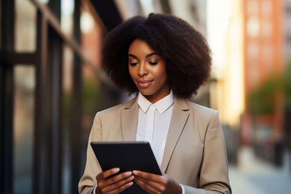 Black business woman holding tablet computer adult architecture. AI generated Image by rawpixel.