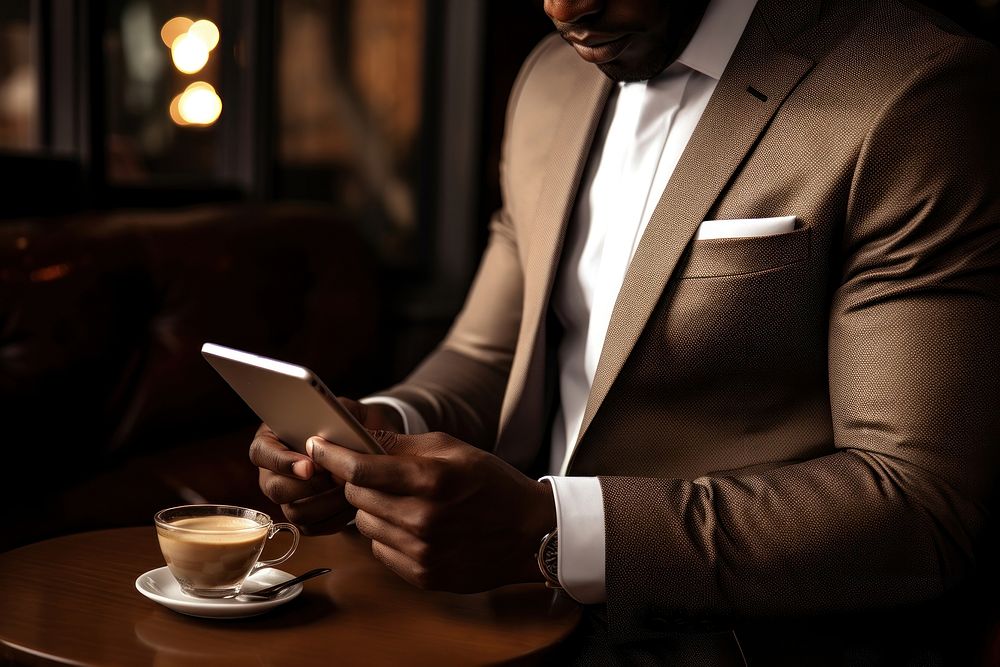 Black business man using tablet coffee drink refreshment. AI generated Image by rawpixel.