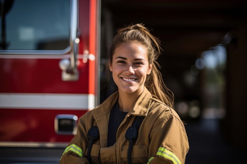 Female firefighter portrait outdoors smiling. AI generated Image by rawpixel.