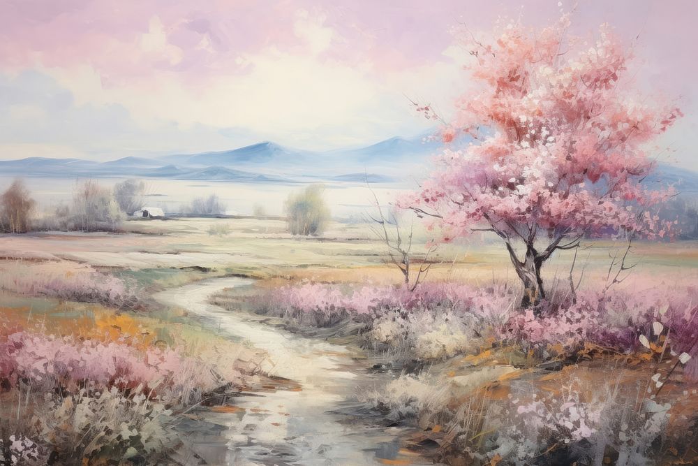 Countryside landscape painting outdoors blossom. AI generated Image by rawpixel.