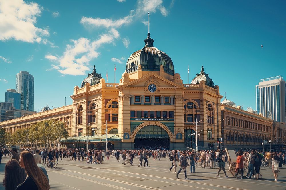Flinders Street Station street architecture metropolis. AI generated Image by rawpixel.