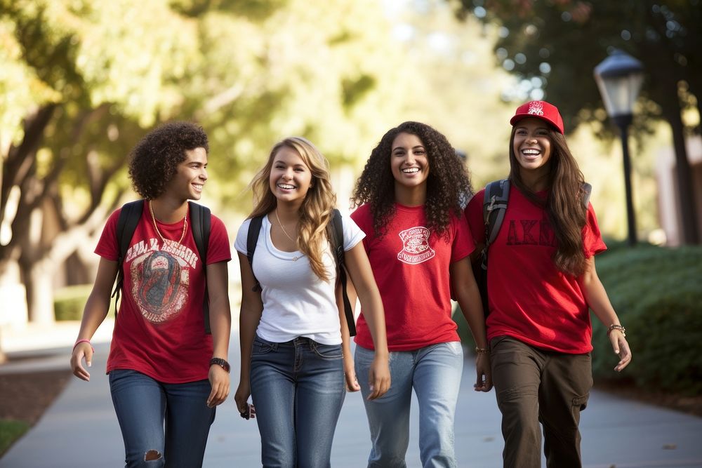 Student teens walking talking laughing outdoors adult. AI generated Image by rawpixel.