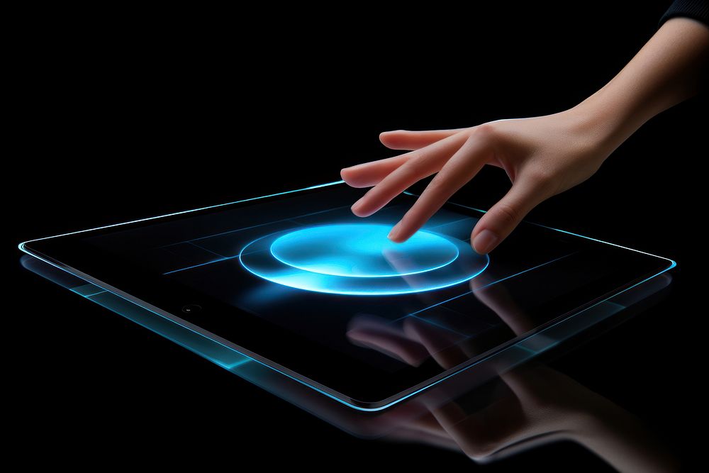 Hologram iformation tablet computer hand electronics. AI generated Image by rawpixel.