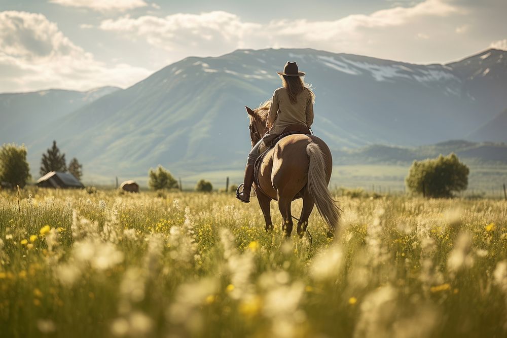 Horserider riding the horse walking meadow mammal animal. AI generated Image by rawpixel.