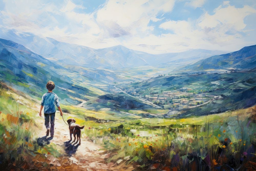 Boy walking his dog on hills mountain landscape adventure. AI generated Image by rawpixel.