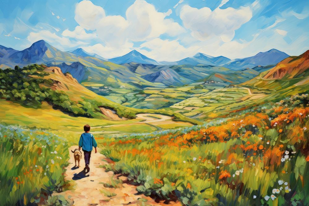 Boy walking his dog on hills wilderness landscape adventure. AI generated Image by rawpixel.