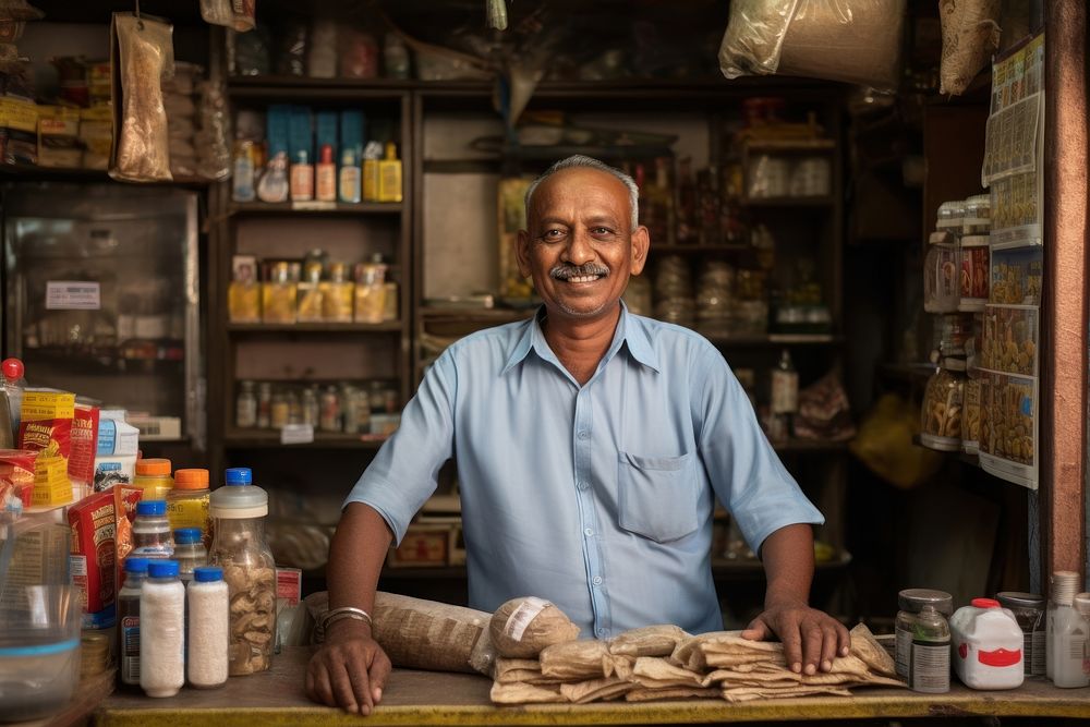 Indian fablic shop owner in front of shop adult men entrepreneur. AI generated Image by rawpixel.