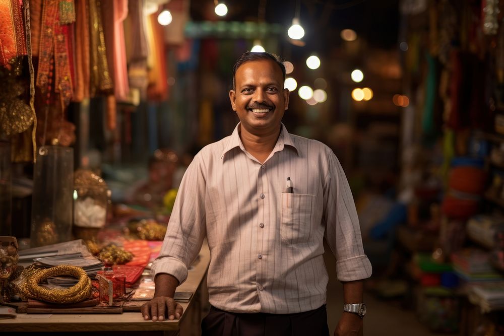 Indian fablic shop owner in front of shop standing adult smile. AI generated Image by rawpixel.