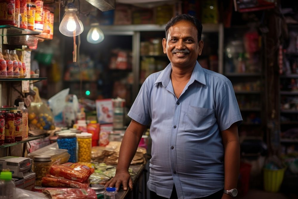 Indian fablic shop owner in front of shop adult men entrepreneur. AI generated Image by rawpixel.