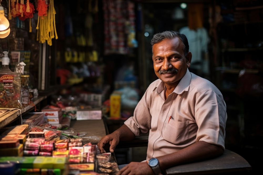 Indian fablic shop owner in front of shop market adult happy. AI generated Image by rawpixel.