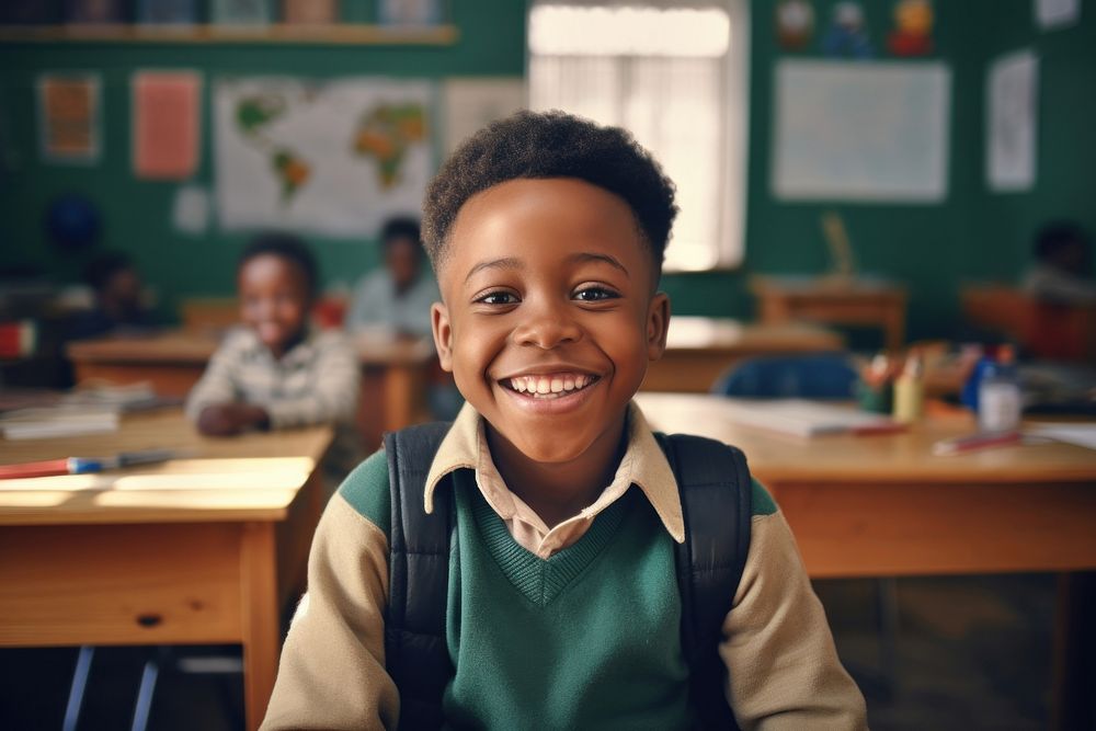 Little African student boy laughing classroom school architecture. AI generated Image by rawpixel.