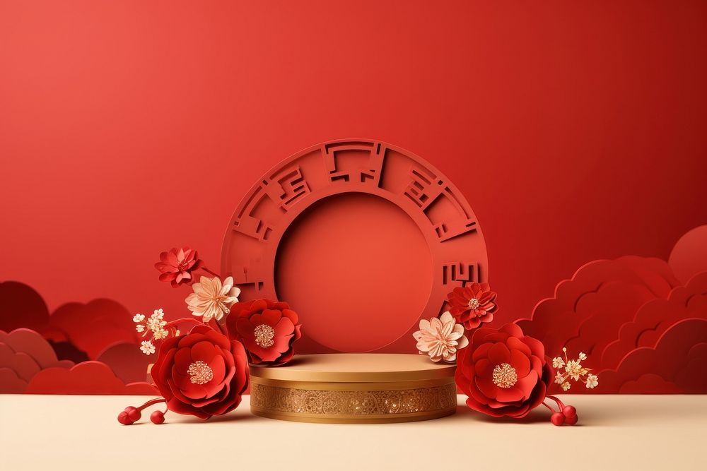 Simple stage podium and paper art Chinese new year flower petal plant. AI generated Image by rawpixel.