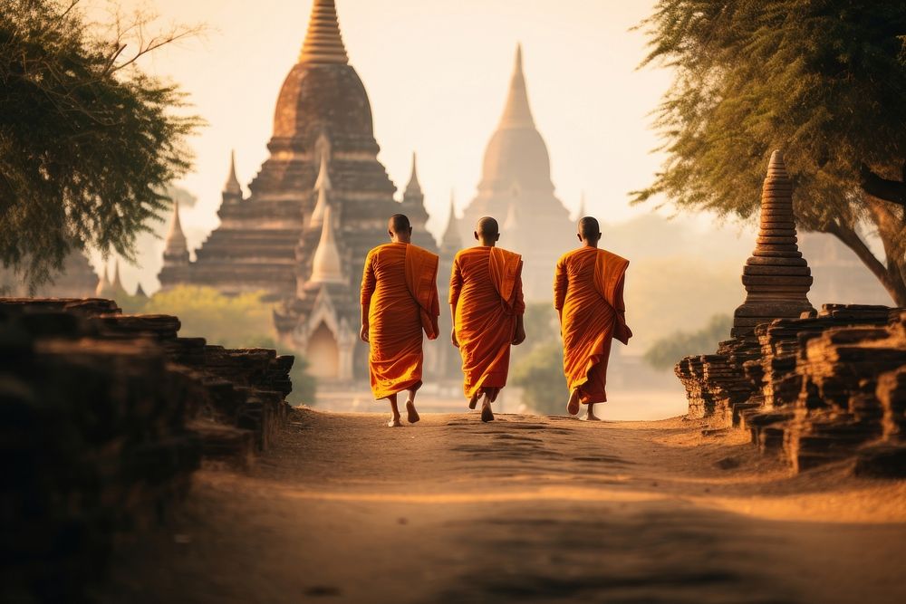Monks are walking on dirt path in front of a temple in the background spirituality architecture accessories. AI generated…