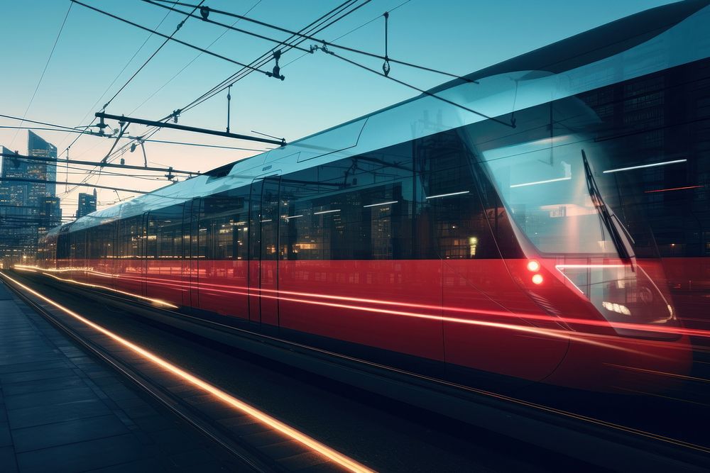 N electric train passing through a city vehicle railway red. AI generated Image by rawpixel.