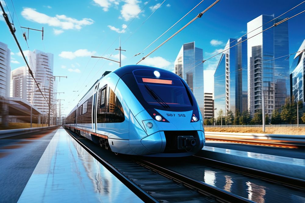N electric train passing through a city vehicle railway transportation. AI generated Image by rawpixel.