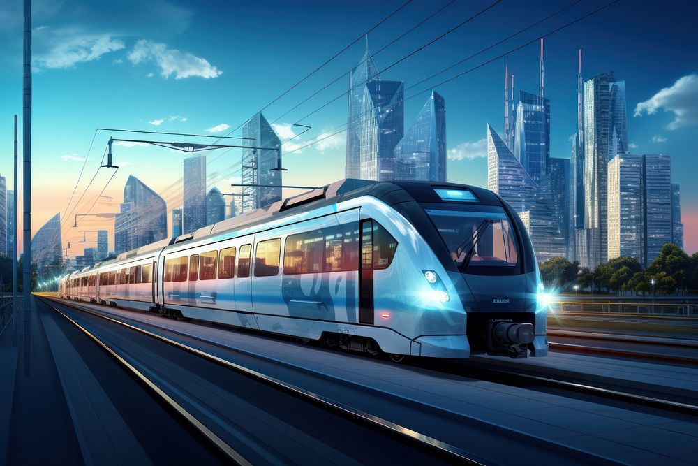 N electric train passing through a city railway vehicle transportation. AI generated Image by rawpixel.