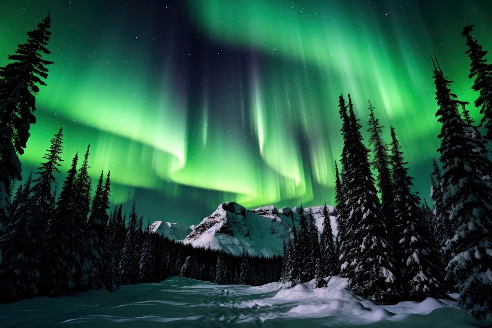 Night sky glows with aurora snowy mountains night outdoors nature. AI generated Image by rawpixel.