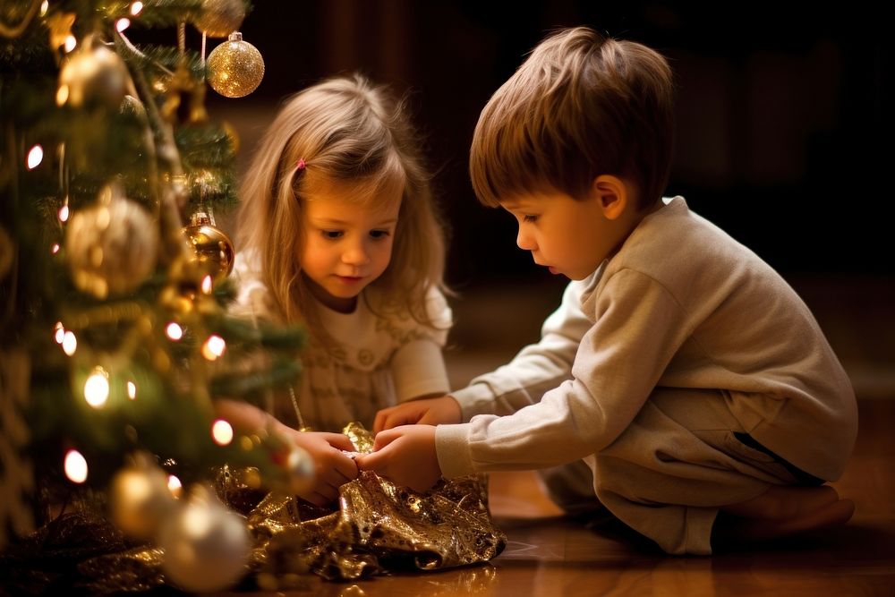 2 kid playing around christmas tree in room decorate child togetherness anticipation. AI generated Image by rawpixel.