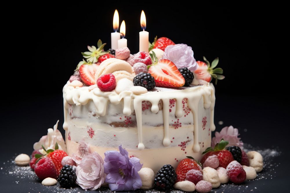 White birthday cake bigtext happy birth day dessert berry fruit. AI generated Image by rawpixel.