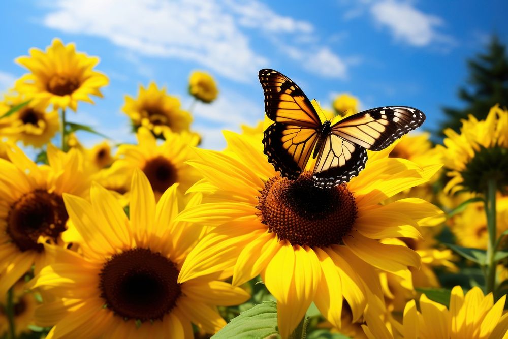 Yellow butterflys sunflower outdoors nature. AI generated Image by rawpixel.