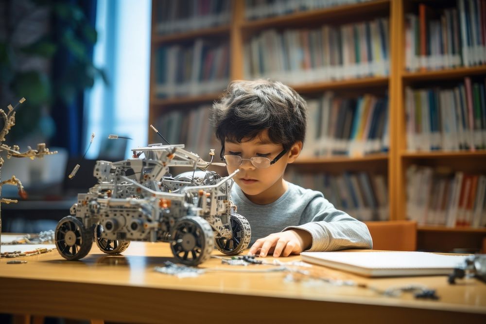 African student child plays constructing robot publication book toy. AI generated Image by rawpixel.