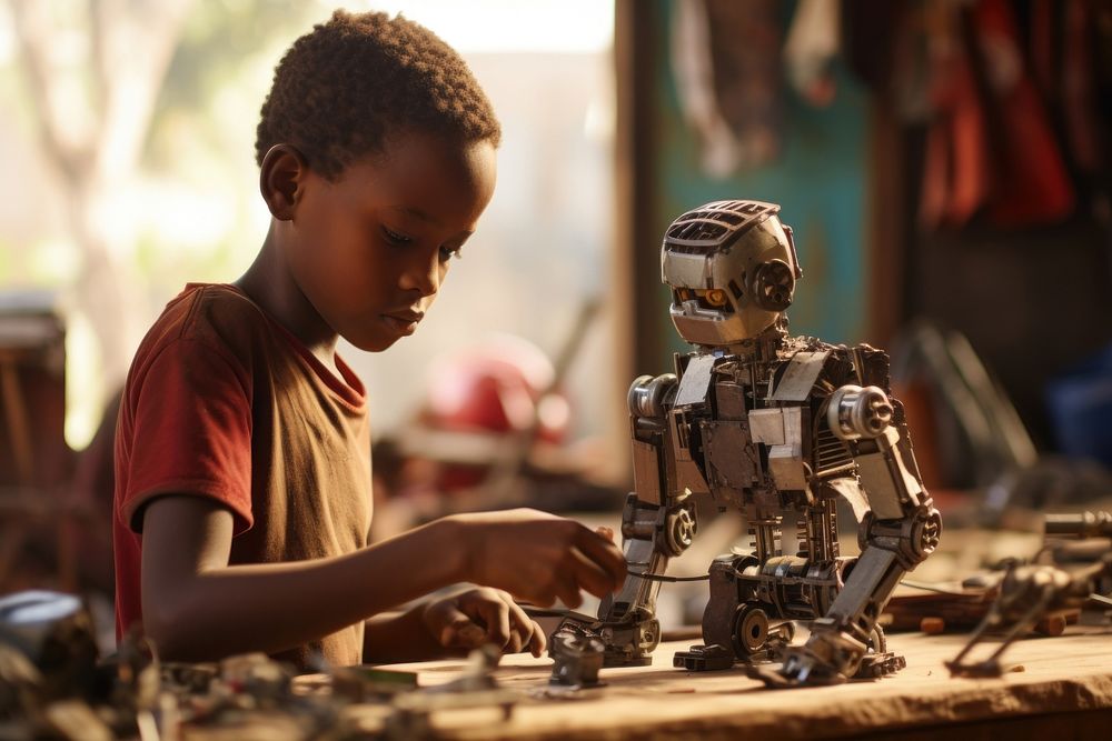 African student child plays constructing robot woodworking technology creativity. AI generated Image by rawpixel.