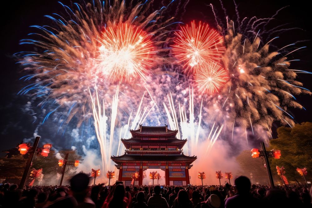 Chinese firework celebrate fireworks adult architecture. AI generated Image by rawpixel.