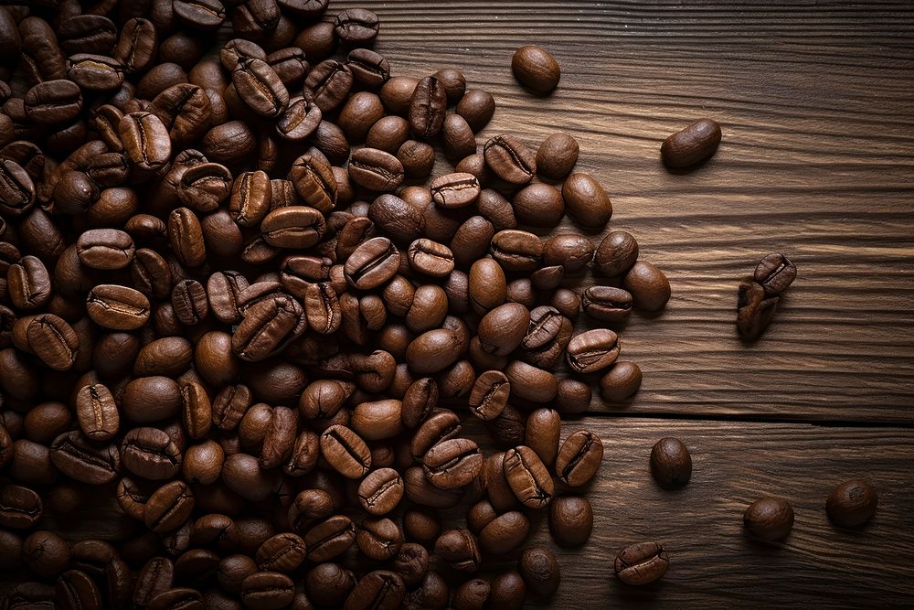 Coffee stream coffee seed around table wood refreshment. AI generated Image by rawpixel.