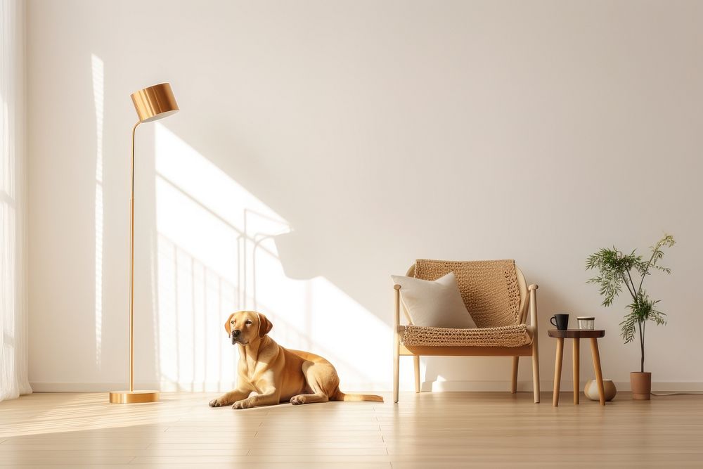 Golden dog in minimal living room furniture animal mammal. AI generated Image by rawpixel.