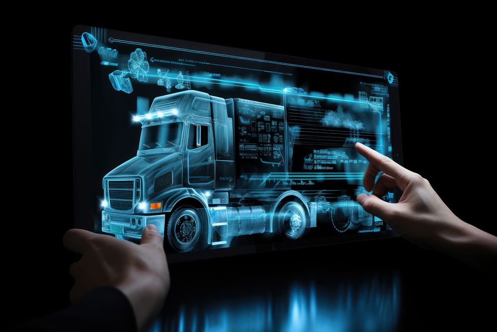 Hologram truck on tablet screen vehicle transportation semi-truck. AI generated Image by rawpixel.