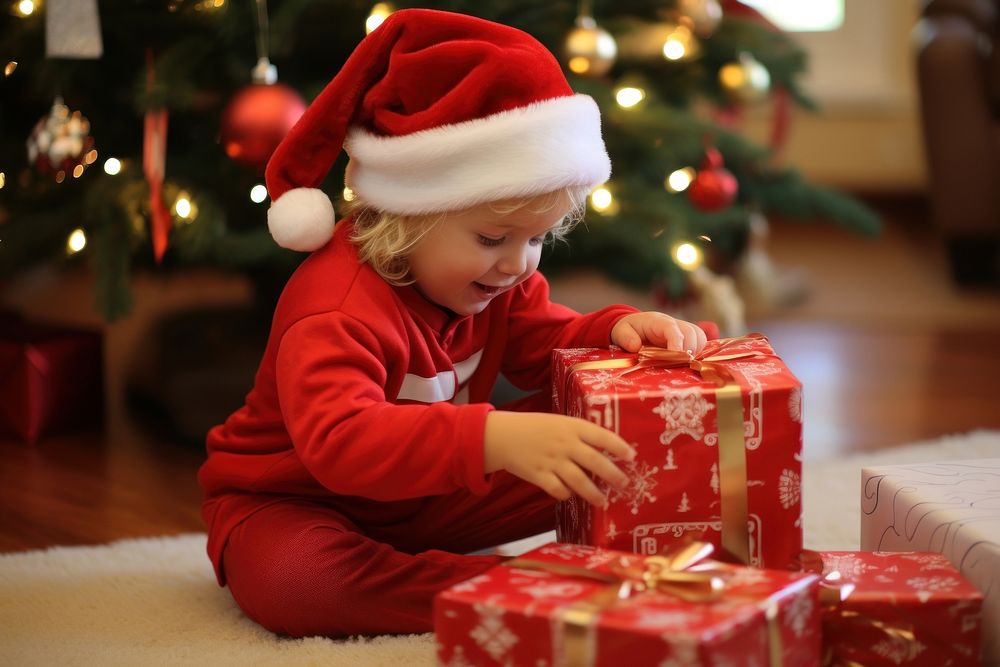 Kid opening chirstmas gift christmas red anticipation. AI generated Image by rawpixel.