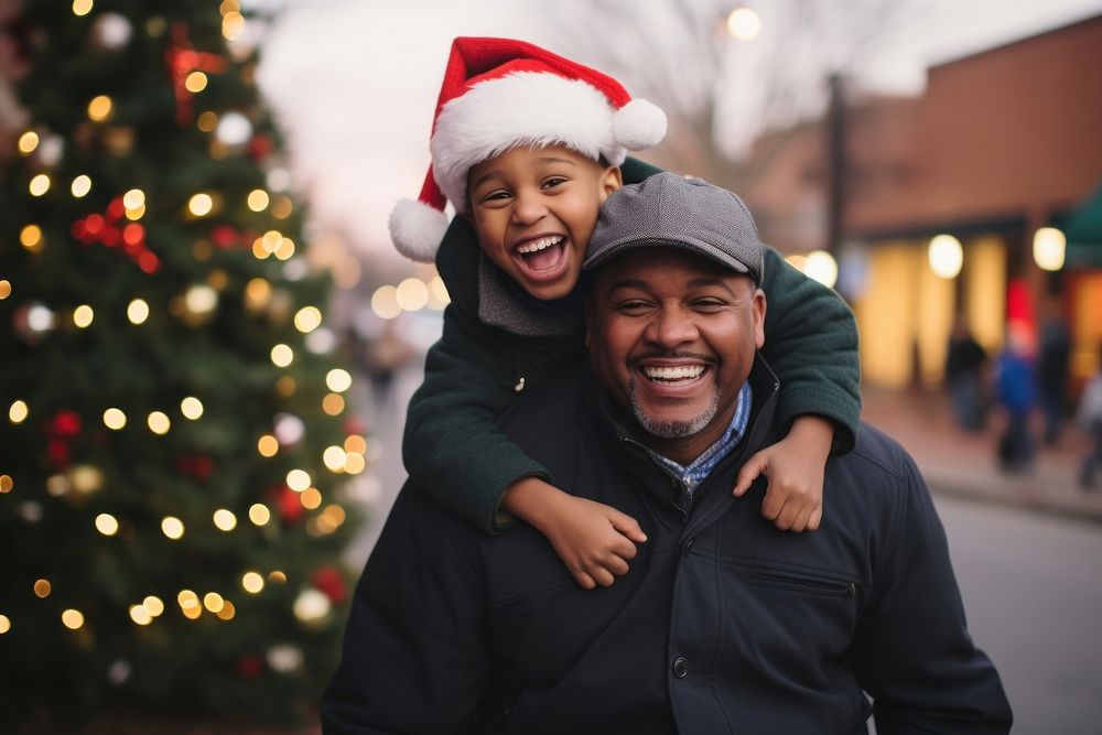 Kid riding the neck dad in ceremony chirstmas laughing portrait outdoors. AI generated Image by rawpixel.
