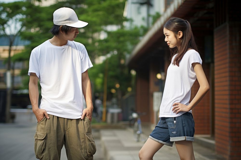 Man big t-shirt shortpant talking to girl hiphop fashion shorts walking adult. AI generated Image by rawpixel.
