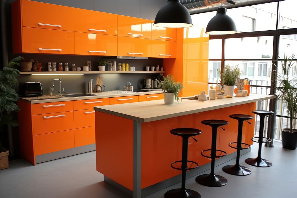 Kitchen color orange furniture appliance microwave. AI generated Image by rawpixel.