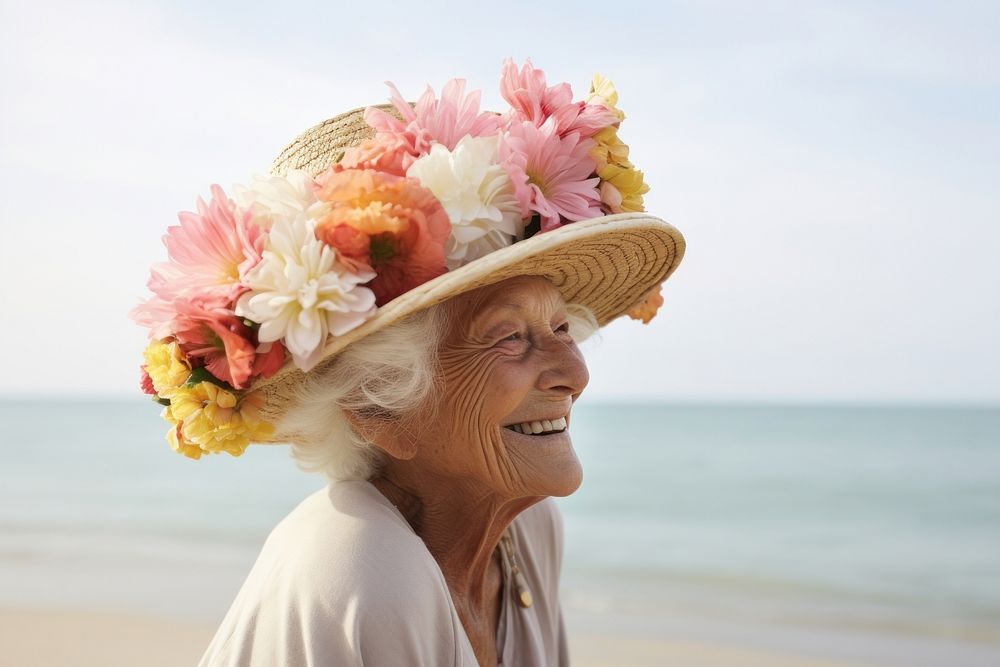Granny wear flower hat portrait plant beach. AI generated Image by rawpixel.