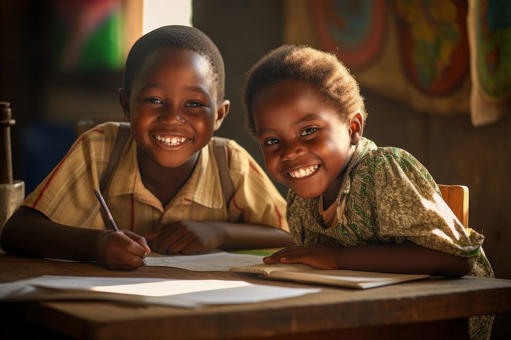 Two african student kids studying smile child. AI generated Image by rawpixel.